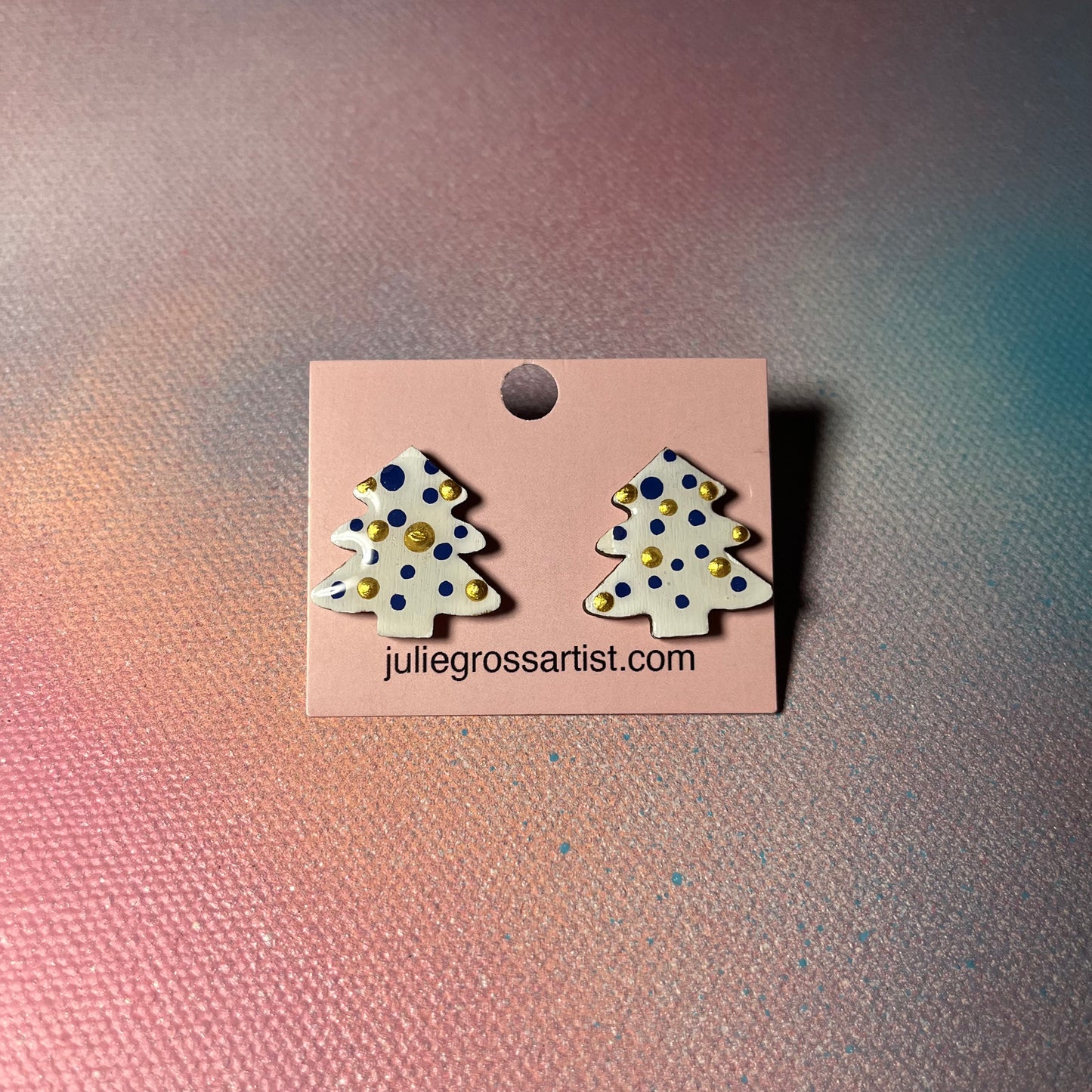 Post Christmas Tree Earrings (White with blue and gold dots)